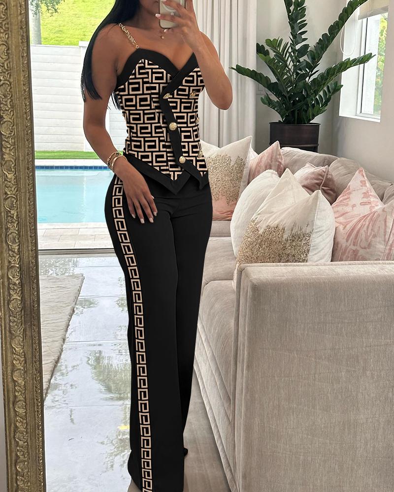 

Geometric Print Chain Strap Cami Top & Straight Leg Pants Set, Black
