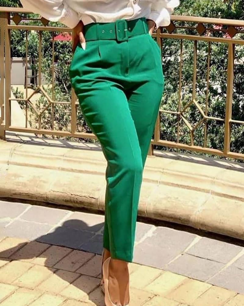 

High Waist Pocket Design Skinny Pants With Belt, Green
