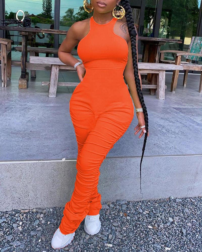 

Sleeveless Ruched O-neck Skinny Jumpsuit, Orange