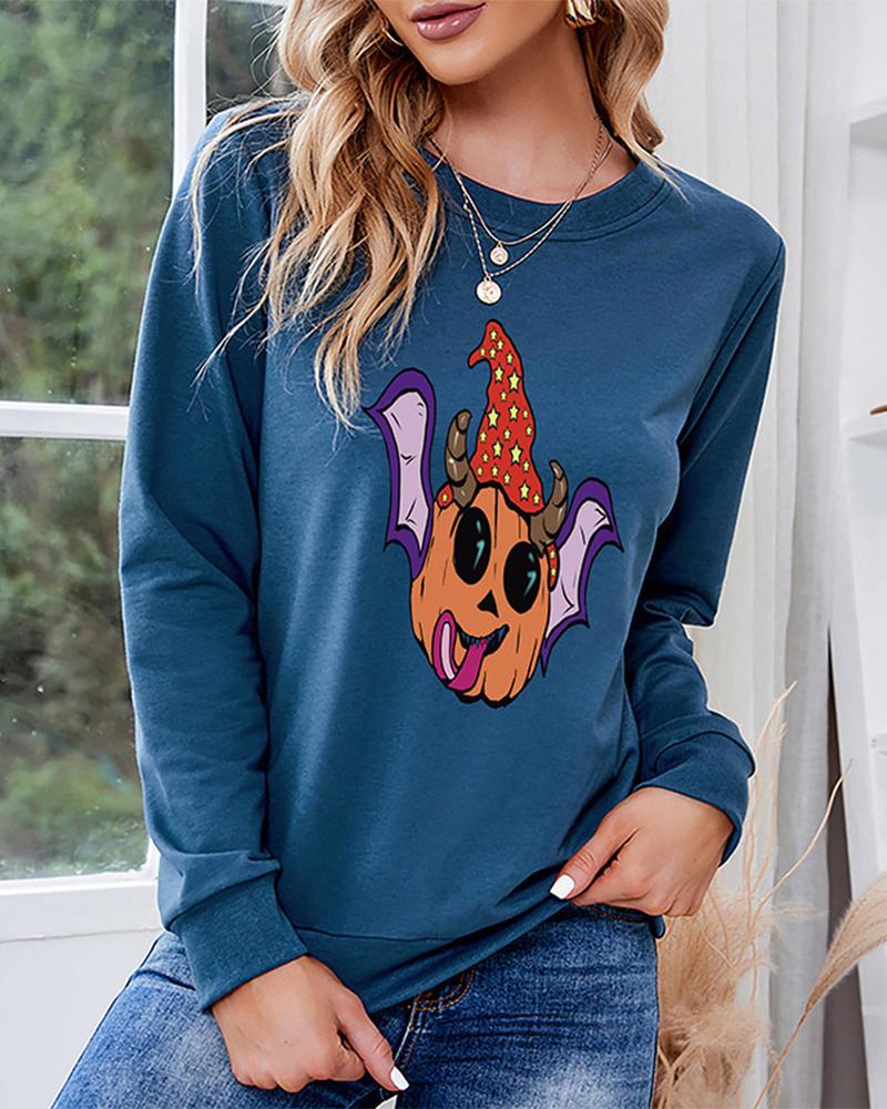 

Halloween Batwing Pumpkin Pattern Long Sleeve Sweatshirt, Blue