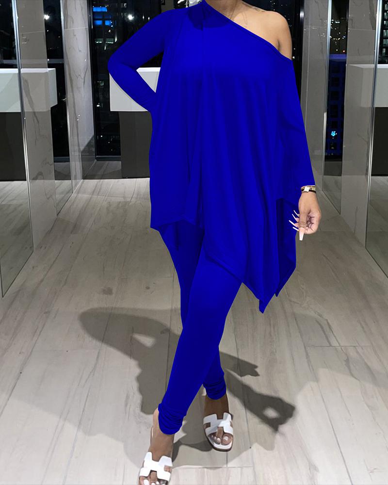 

One Shoulder Asymmetrical Top & Pants Set, Blue