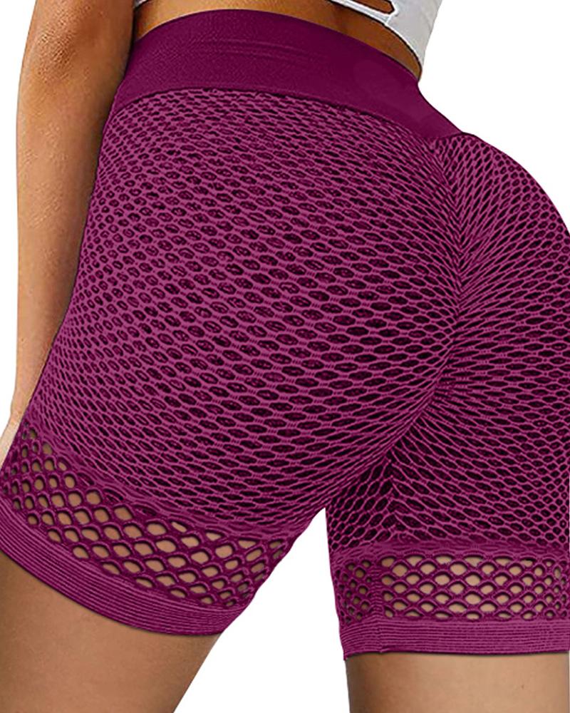 

High Waist Fishnet Decor Active Shorts, Hot pink