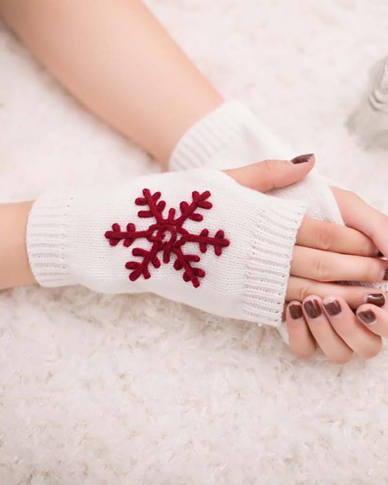 

1Pair Christmas Snowflake Embroidery Fingerless Gloves, White