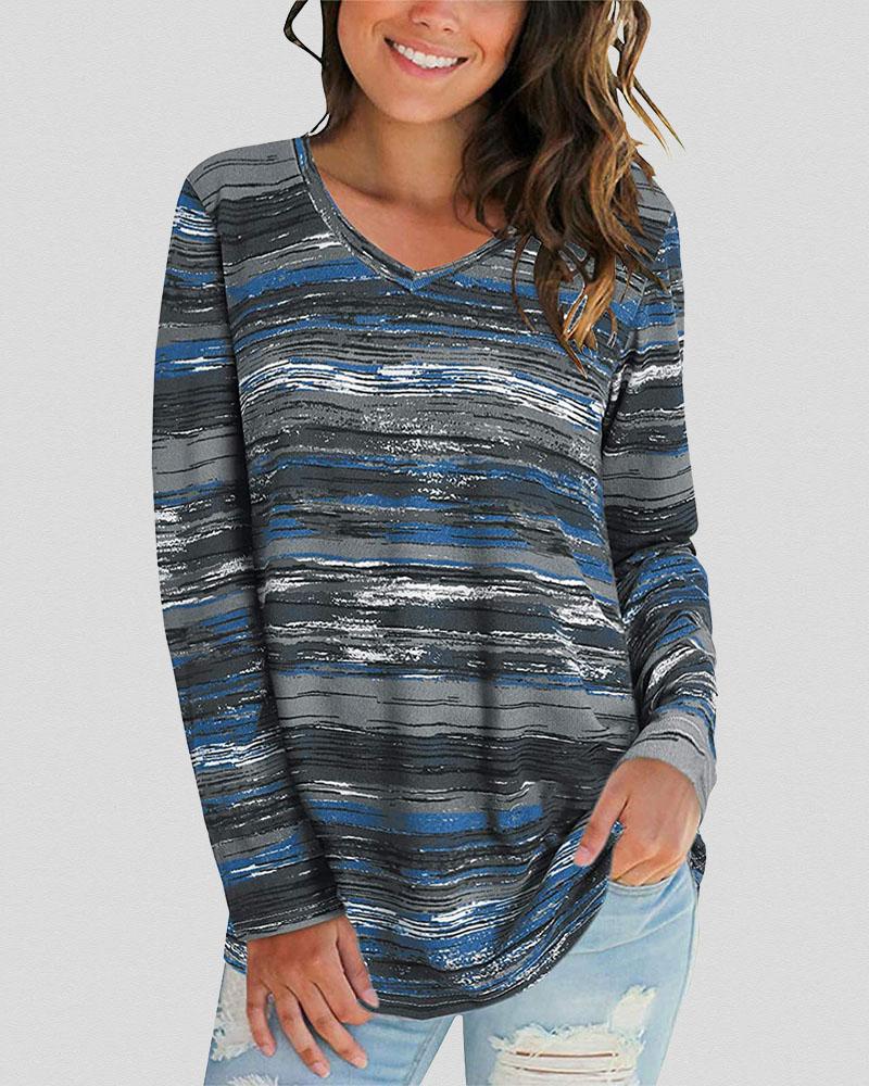 

Striped Pattern Colorblock Long Sleeve Casual Top, Gray