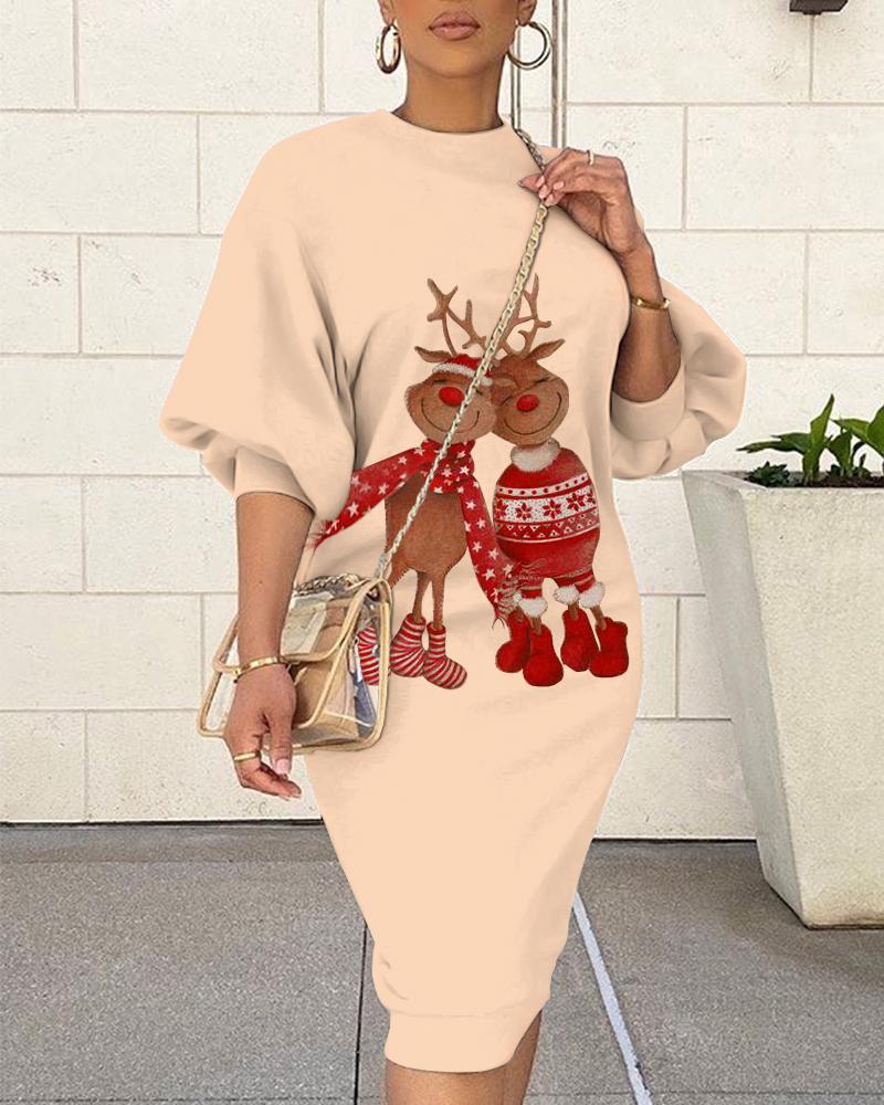 

Christmas Cartoon Elk Print Lantern Sleeve Sweatshirt Dress O-neck Casual Midi Dress Pretty Dress, Apricot