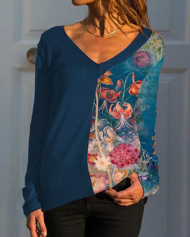

Plus Size Floral Print Long Sleeve Top, Blue