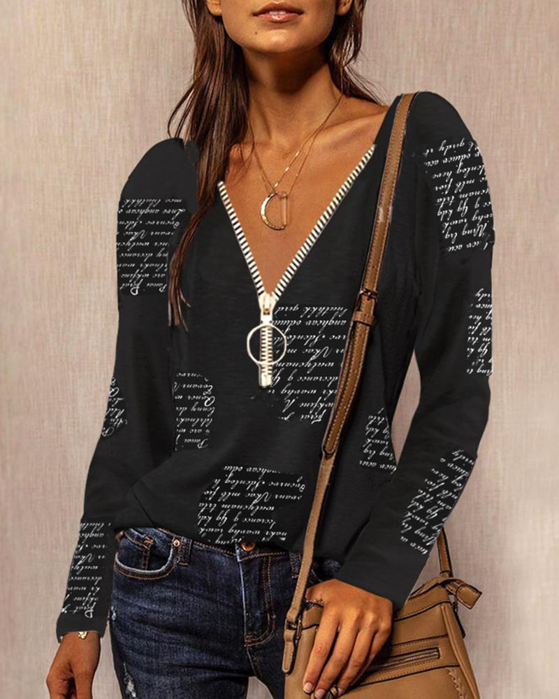 

Letter Print Zipper V-Neck Long Sleeve Top, Black