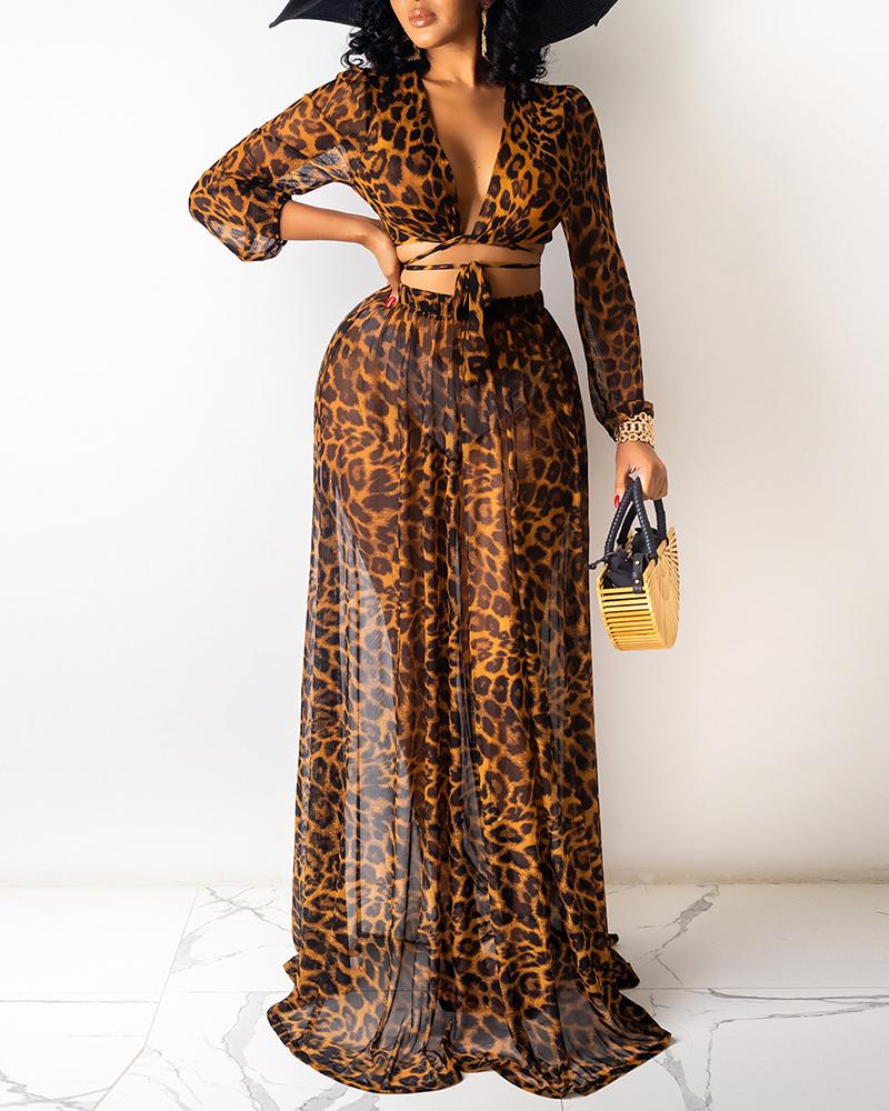 

Cheetah Print Tied Detail Top & Wide Leg Pants Set, Brown