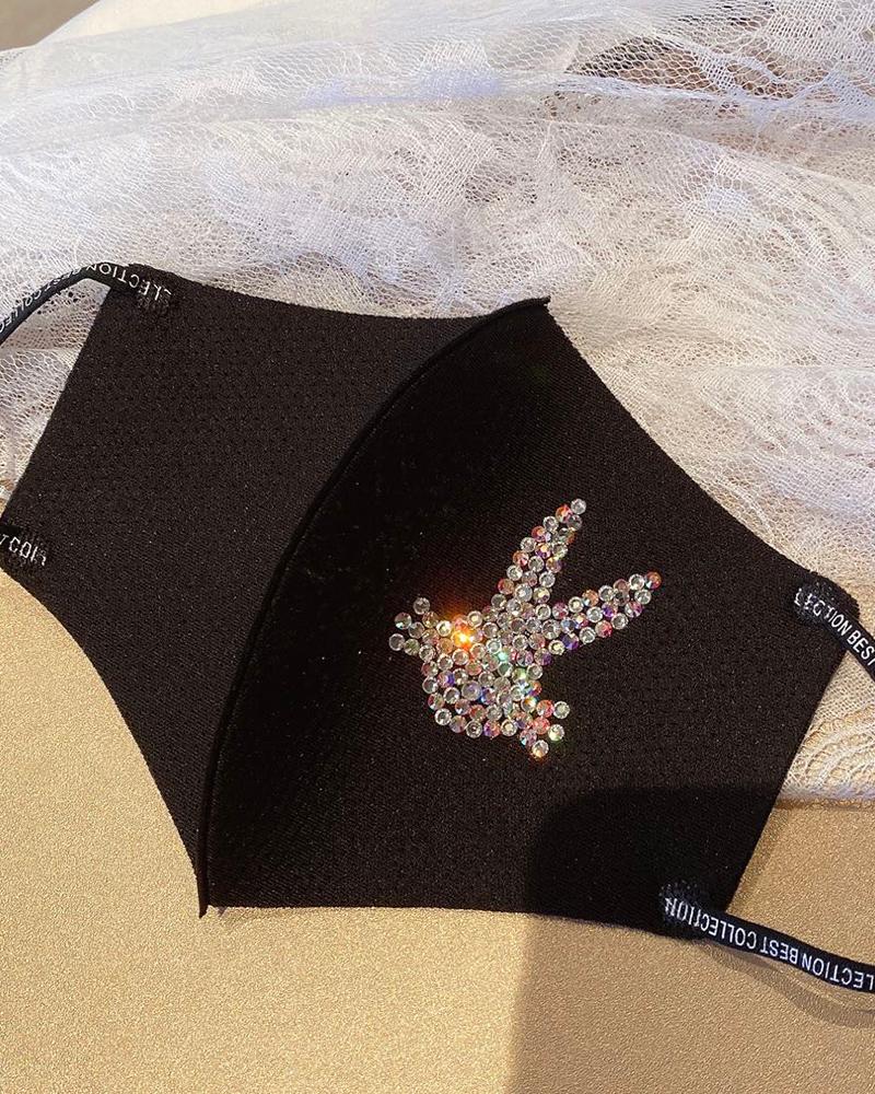 

Glitter Rabbit Pattern Studded Breathable Mouth Mask, Black