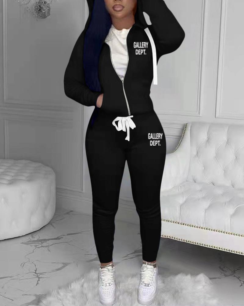 

Letter Print Pocket Design Hoodie & High Waist Pants Set, Black