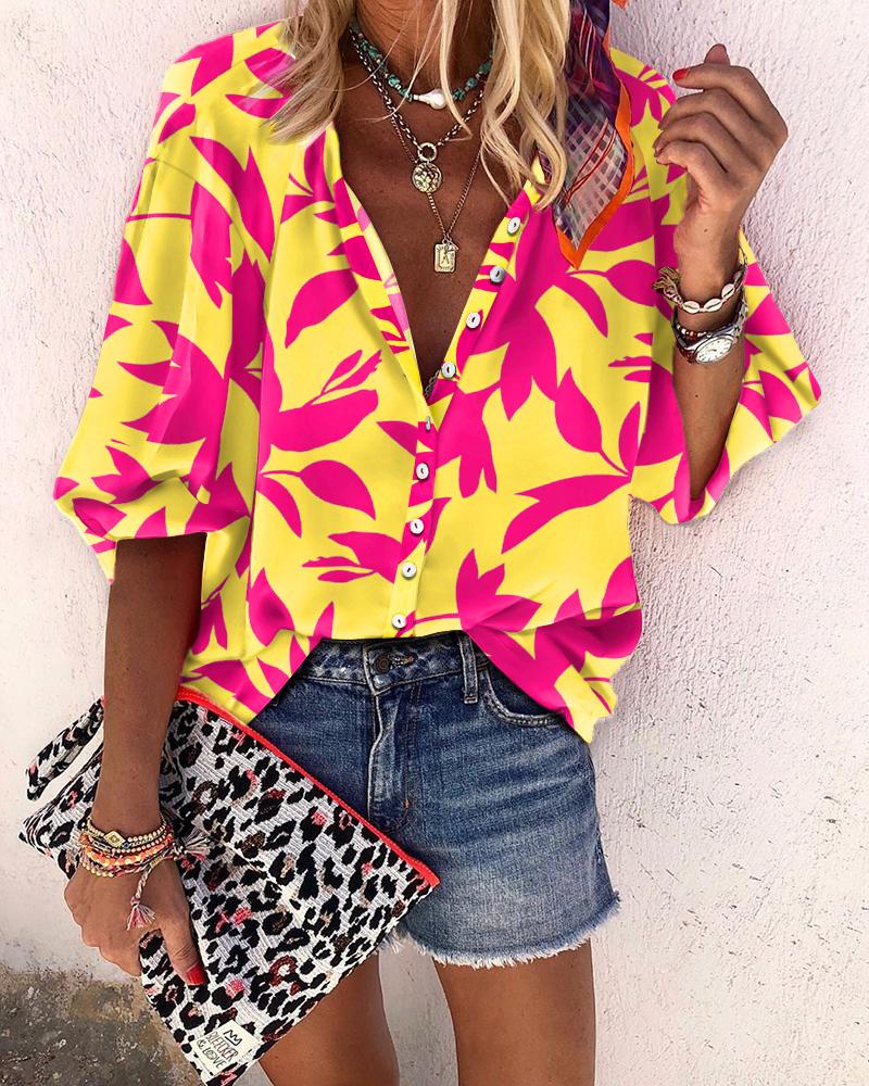 

Leaf Print Lantern Sleeve Button Down Shirt, Multicolor