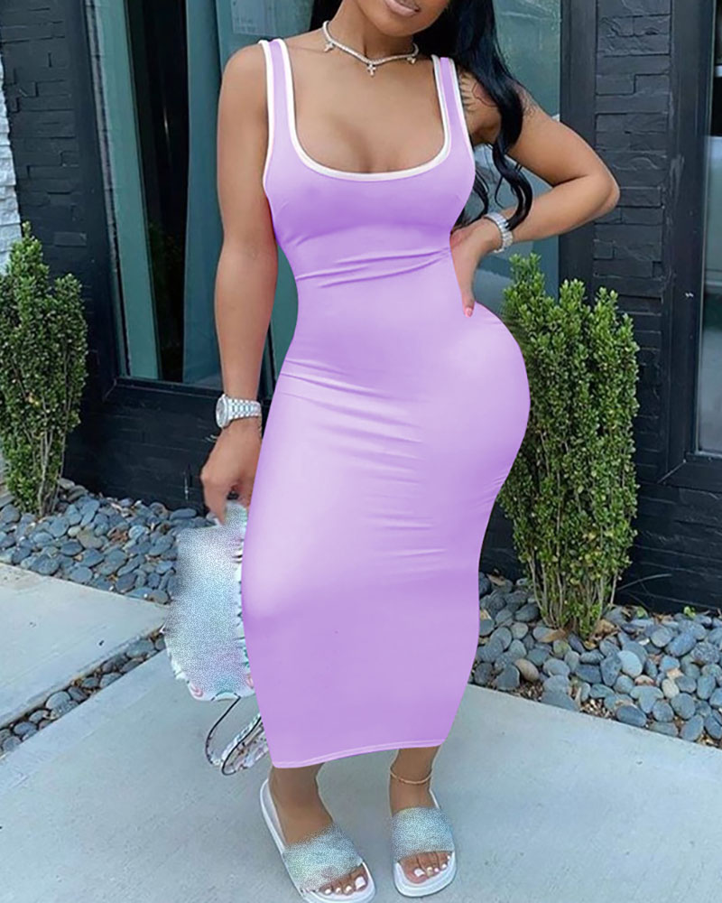 

Contrast Binding U-Neck Tank Dress, Purple