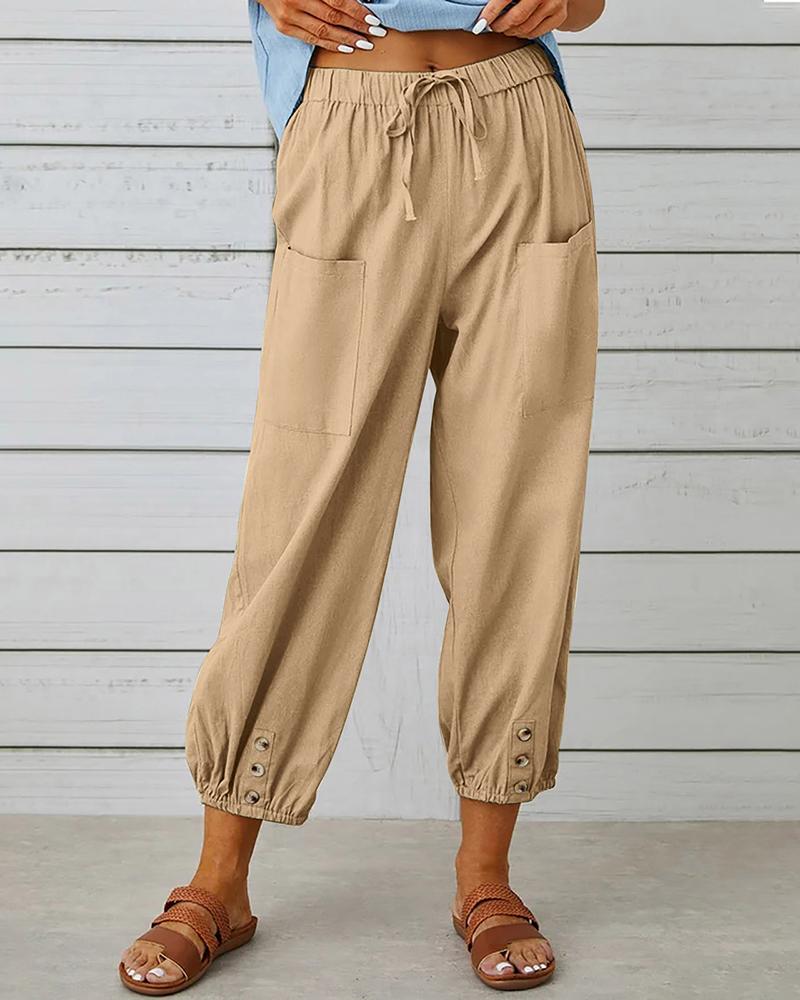 

Buttoned Pocket Design Drawstring Cuffed Pants, Khaki