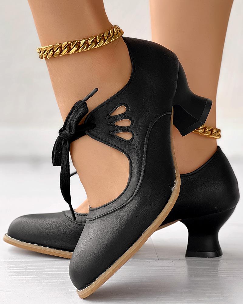 

Hollow Out Tied Detail Chunky Heel Pumps, Black