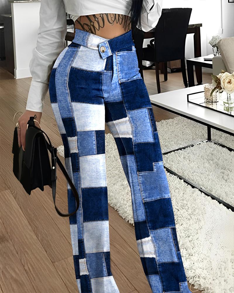 

Denim Look Print Overlap Waist Work Pants, Blue