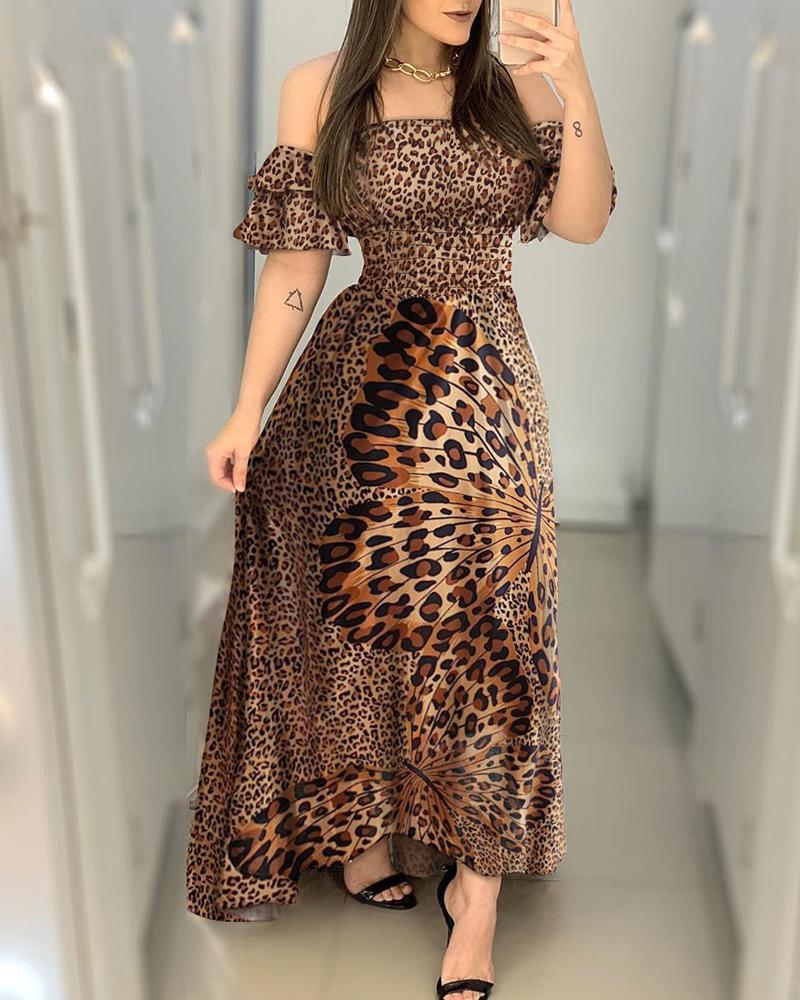 

Off Shoulder Cheetah Butterfly Print Maxi Dress, Leopard
