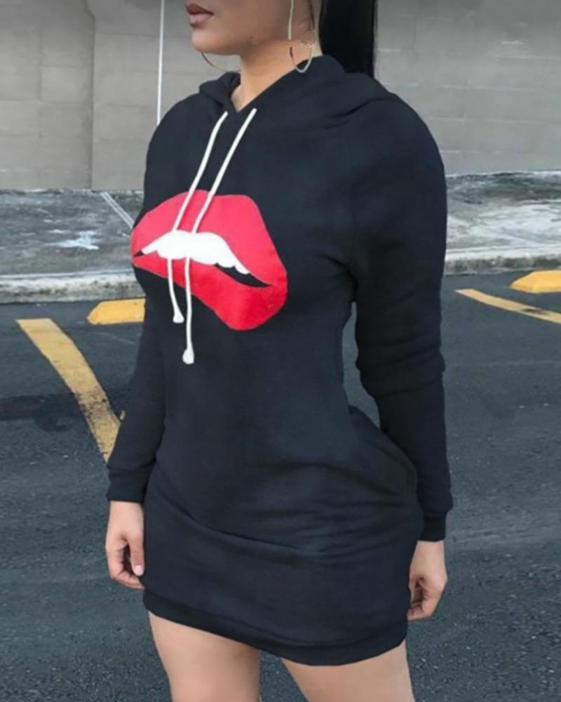 

Lip Print Hooded Casual Dress, Black