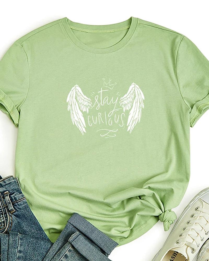 

Graphic Text Angel Print Round Neck Cotton Basic Top, Green