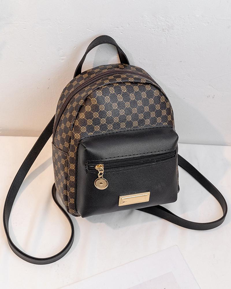 

Geometric Print Zipper Design Backpack, Black