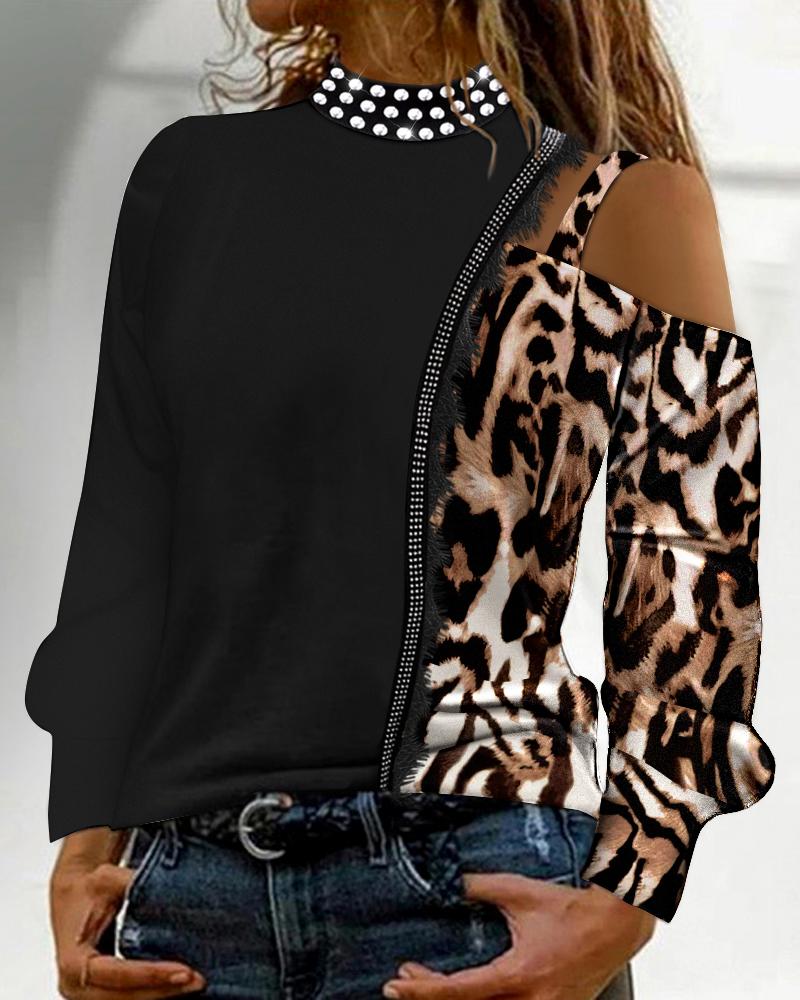 

Leopard Print Rhinestone Decor Cold Shoulder Top, Black