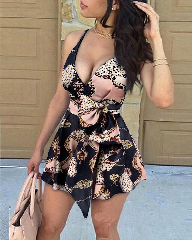 

Solid Strap Sleeveless Lace-up Chain Print Mini Dress, Black