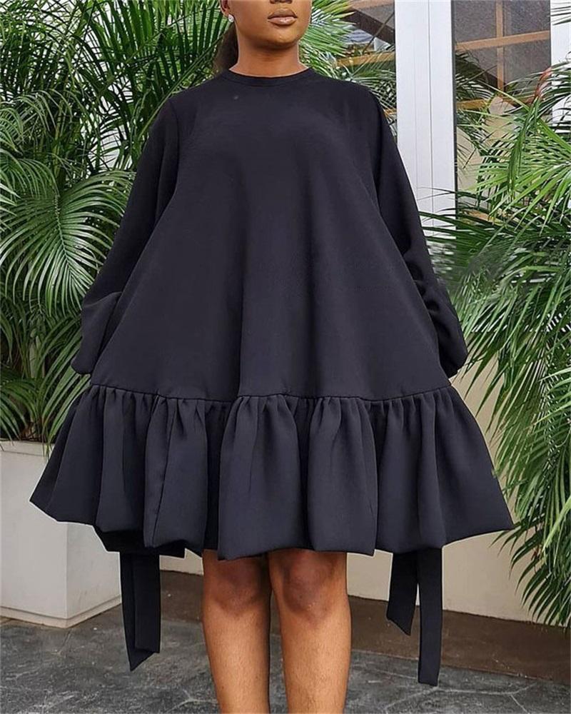 

Plus Size Lantern Sleeve Ruffle Hem Tied Detail Swing Dress, Black