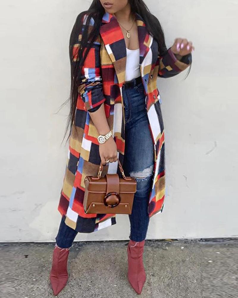 

Geometry Pattern Print Colorblock Casual Longline Coat, Red