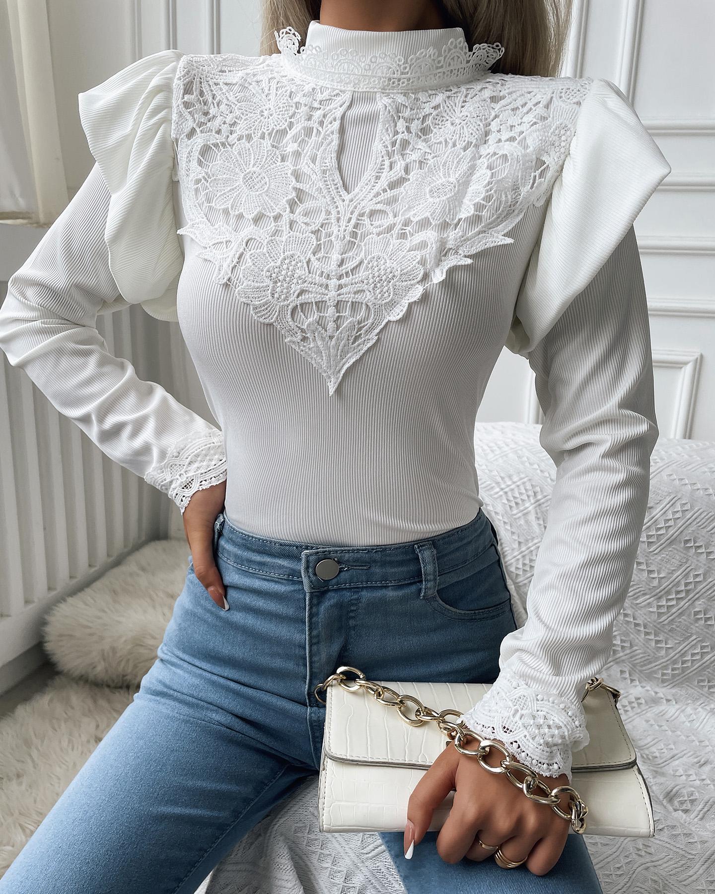 

Crochet Lace Ruffles Trim Long Sleeve Sweater, White