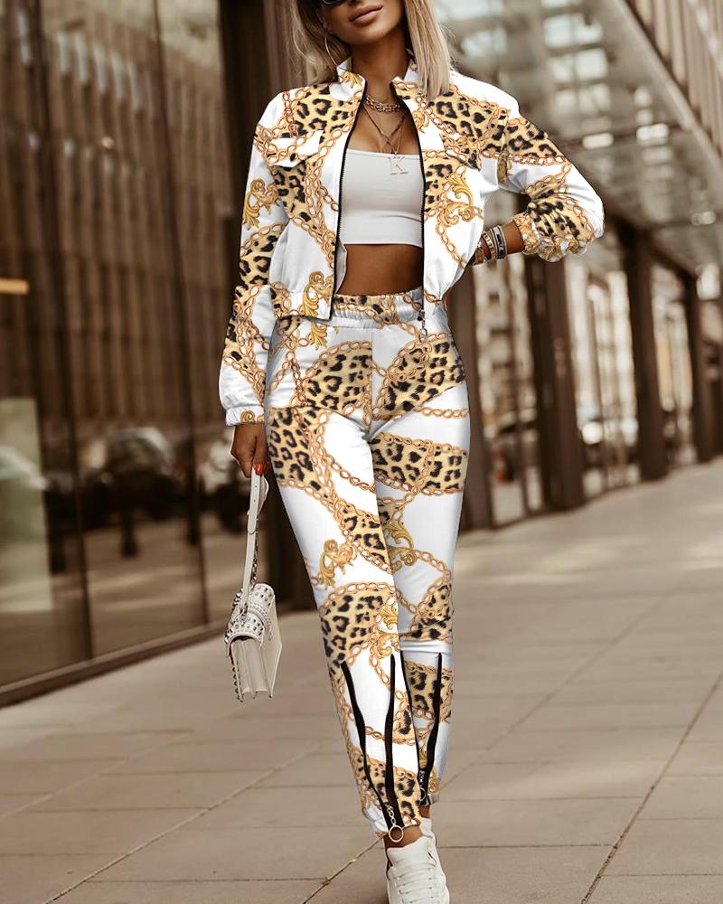 

Chain Leopard Print Long Sleeve Zipper Coat & Pants Set