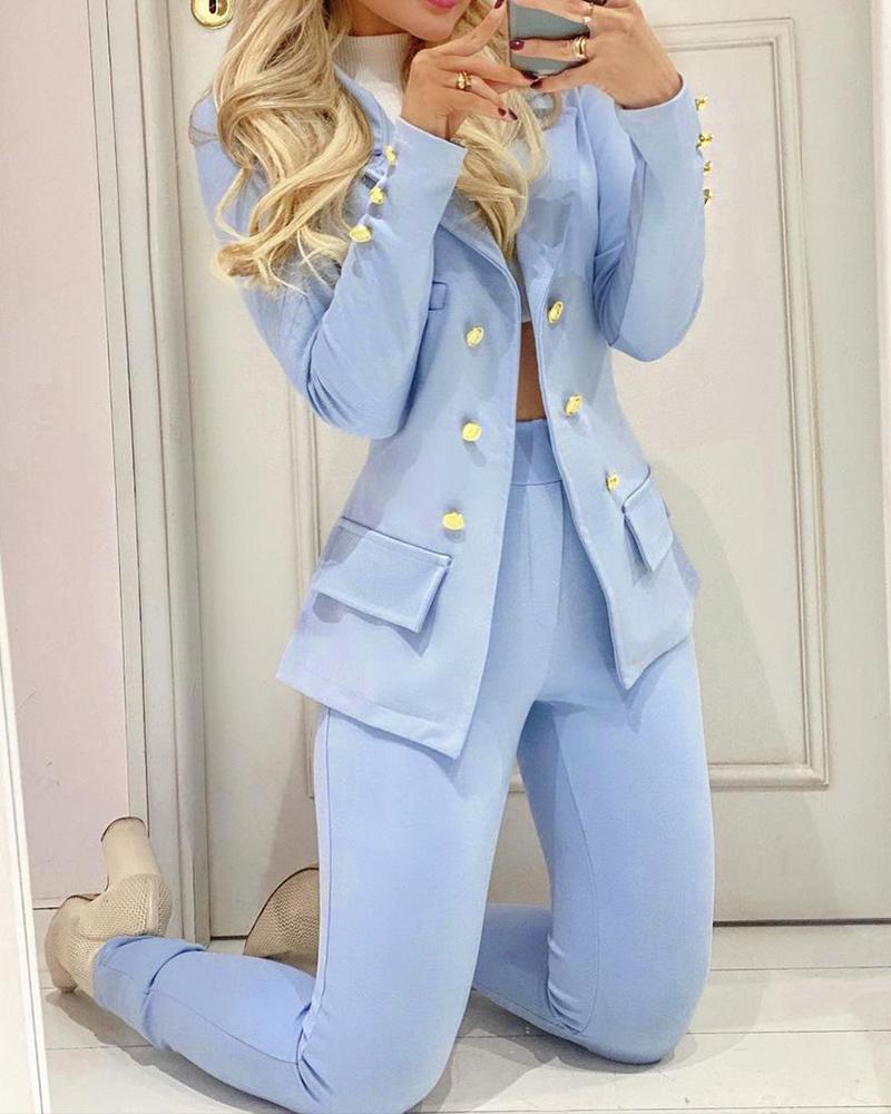 

Lapel Collar Double Breasted Flap Detail Blazer & Pants Set, Blue