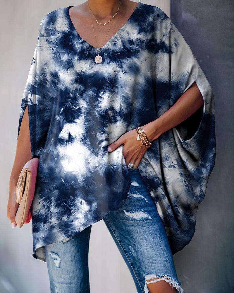 

Tie Dye Bat Wing Sleeve Loose T-shirts, Blue