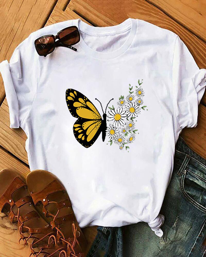 

Butterfly & Daisy Short Sleeve Loose T-shirts, White