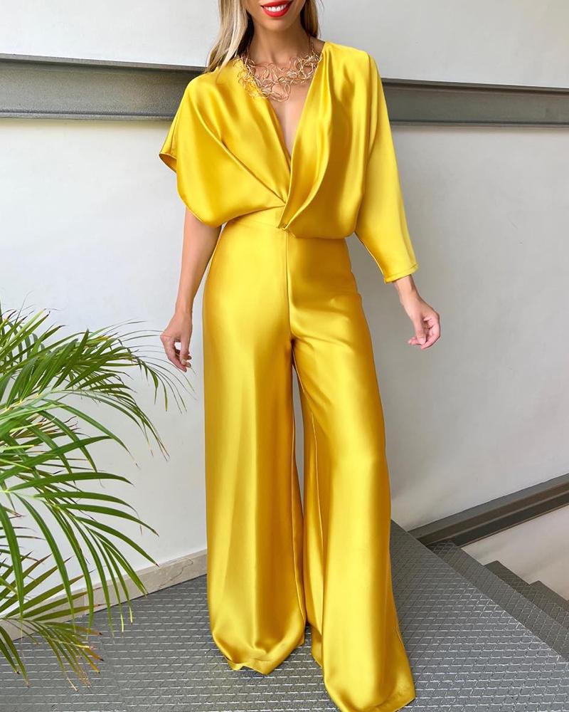 

Satin Asymmetrical Sleeve Wide Leg Jumpsuit, Yellow