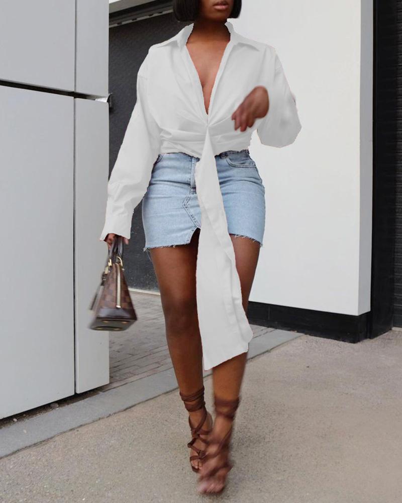 

Tie Front Ruched Long Sleeve Shirt, White
