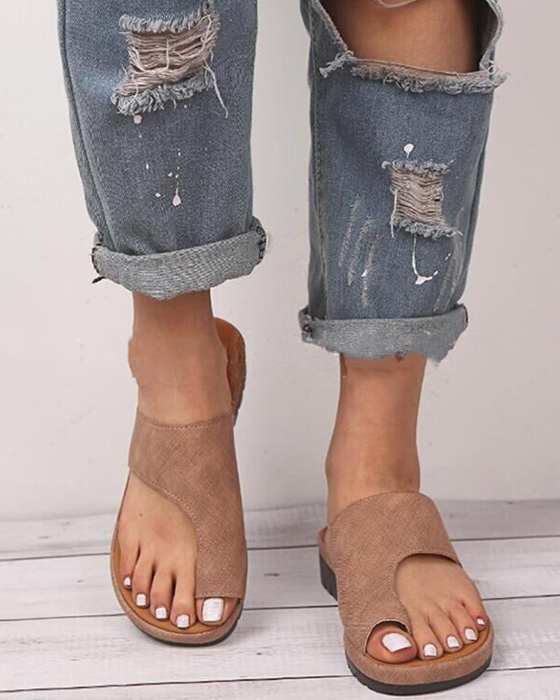 

Solid Open Toe Hollow Flat Sandals, Khaki