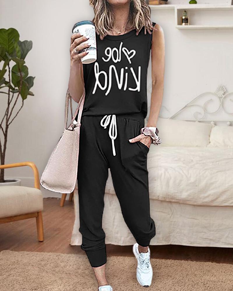 

Letter Print Tank Top & Drawstring Pants Set, Black