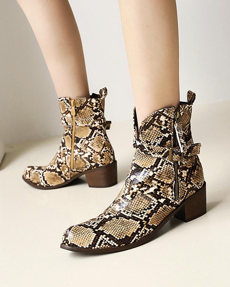 

Round-toe Solid Color Or Snakeskin Print Biker Boots, Yellow