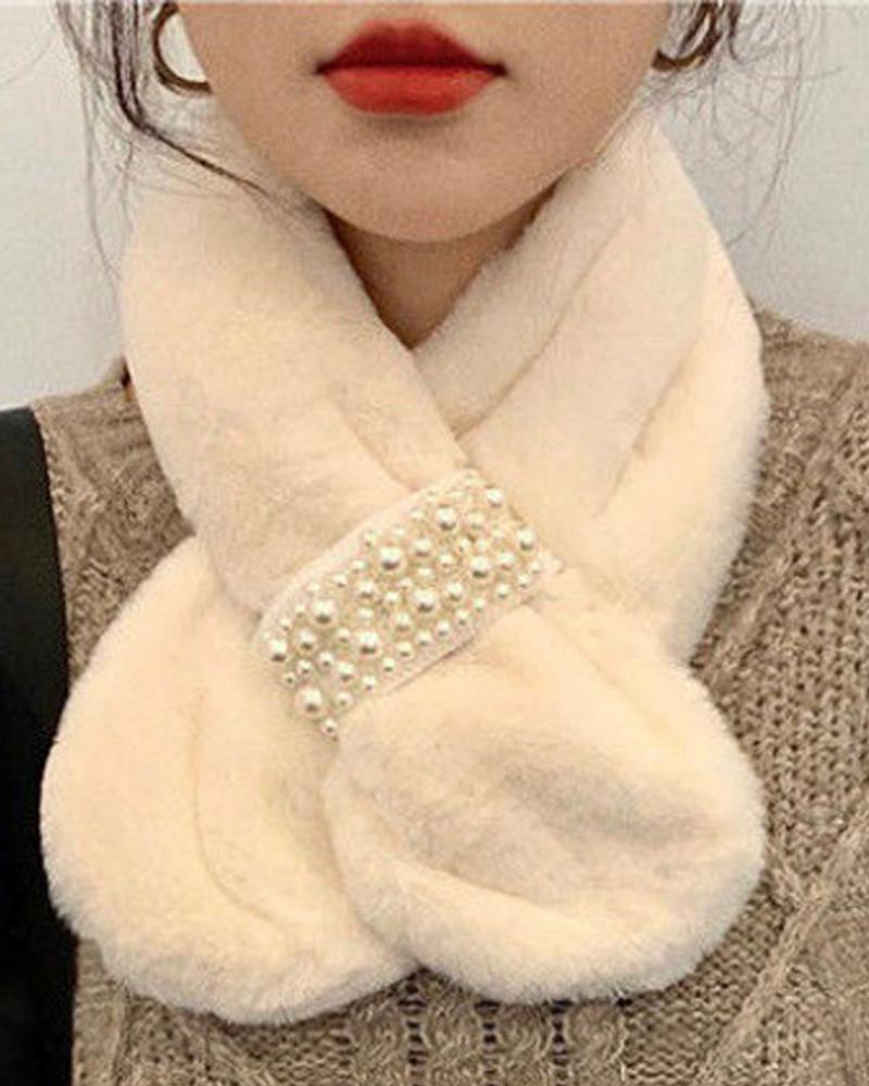 

1pc Pearls Decor Fuzzy Scarf, Beige