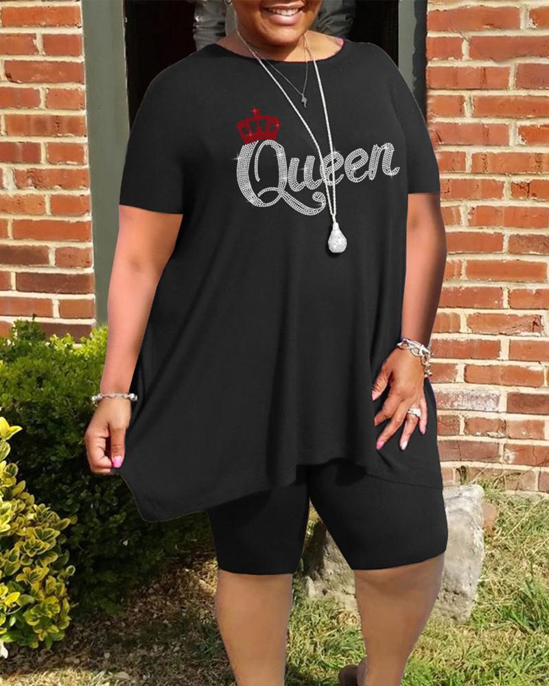 

Plus Size Rhinestone Letter Crown Pattern Top & Shorts Set, Black