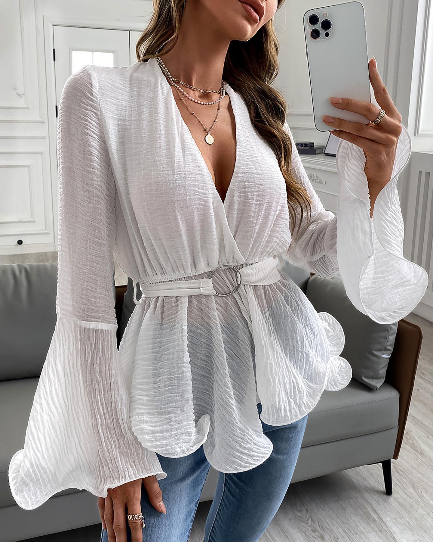 

Surplice Front Ruffle Hem Bell Sleeve Top, White