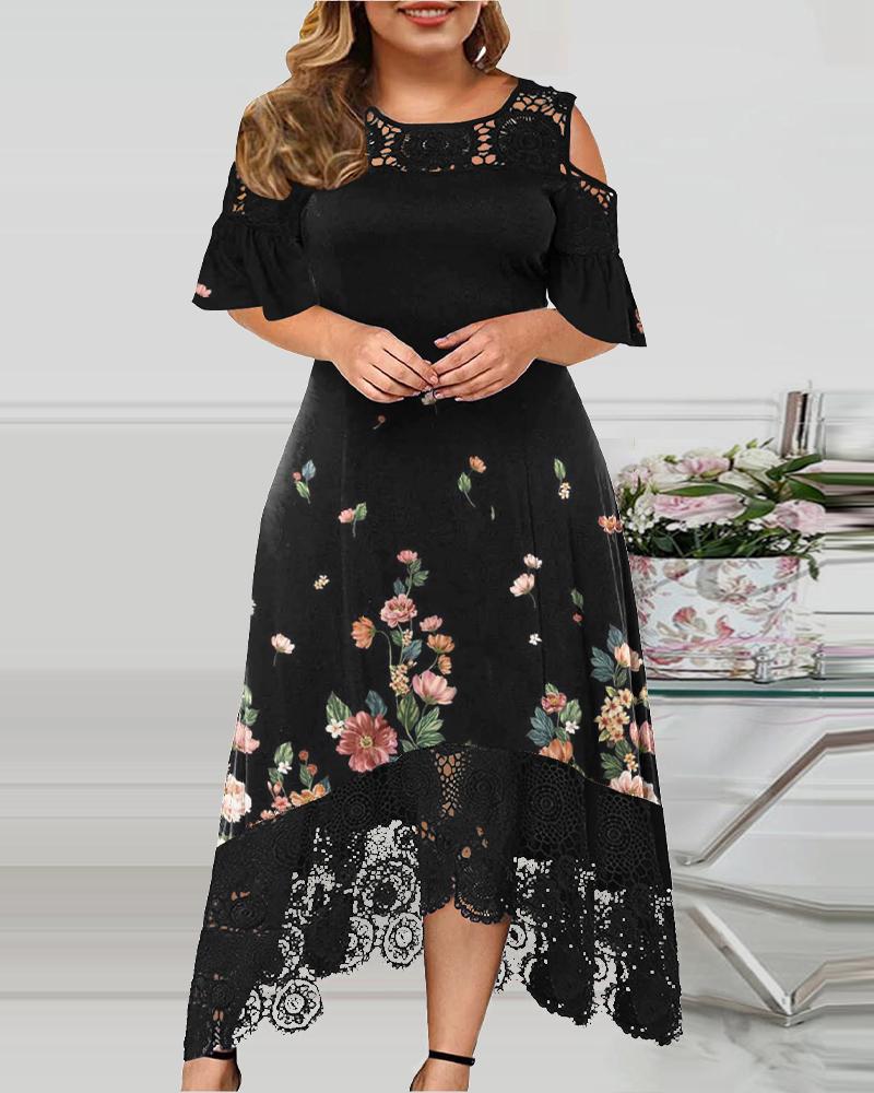 

Plus Size Contrast Lace Cold Shoulder Floral Print Dress, Black