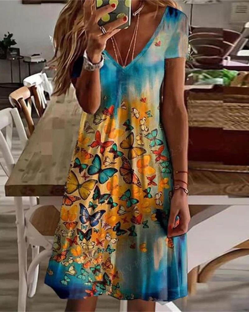 

Butterfly Print Short Sleeve Casual Dress, Blue