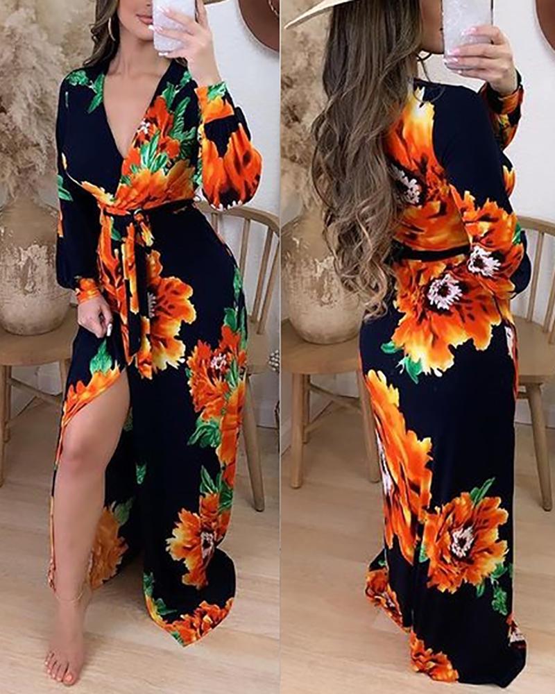 

Floral Print Tied Detail Slit Maxi Dress, Black