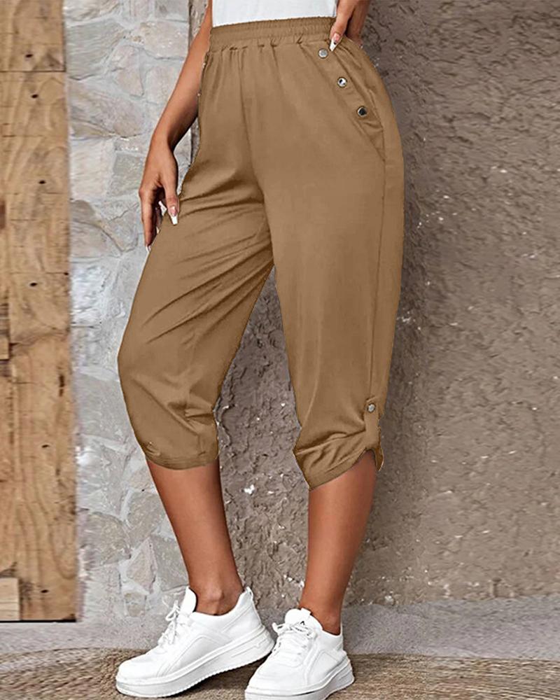 

High Waist Buttoned Pocket Design Pants, Khaki