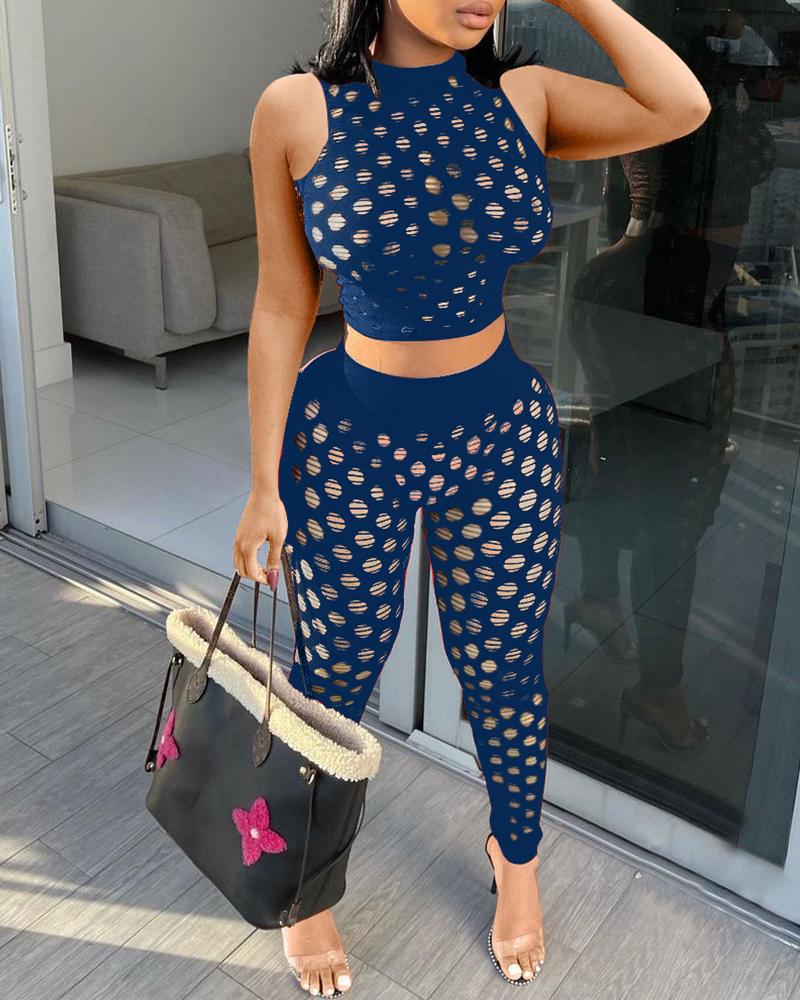 

Hollow-Out Plain Crop Top & High Waist Pants Set, Dark blue