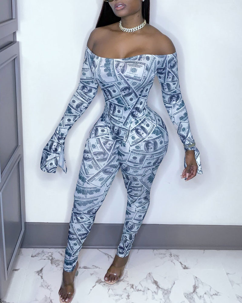 

Dollar Print Off Shoulder Split Hem Flare Sleeve Bodysuit & Pants Set, Blue