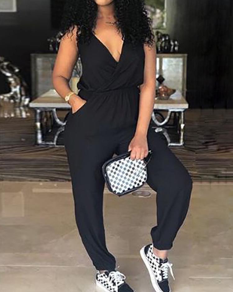 

Solid Halter Backless Pocket Loose Jumpsuit, Black