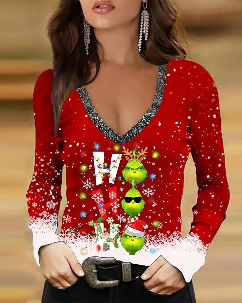 

Christmas Letter Grinch Print V-Neck Top, Red
