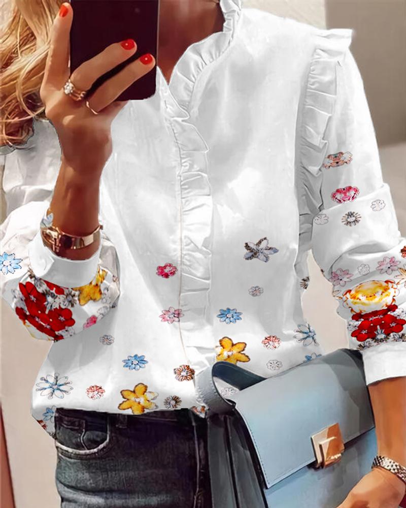 

Butterfly Print Button Front Long Sleeve Ruffle Hem Casual Blouse, White