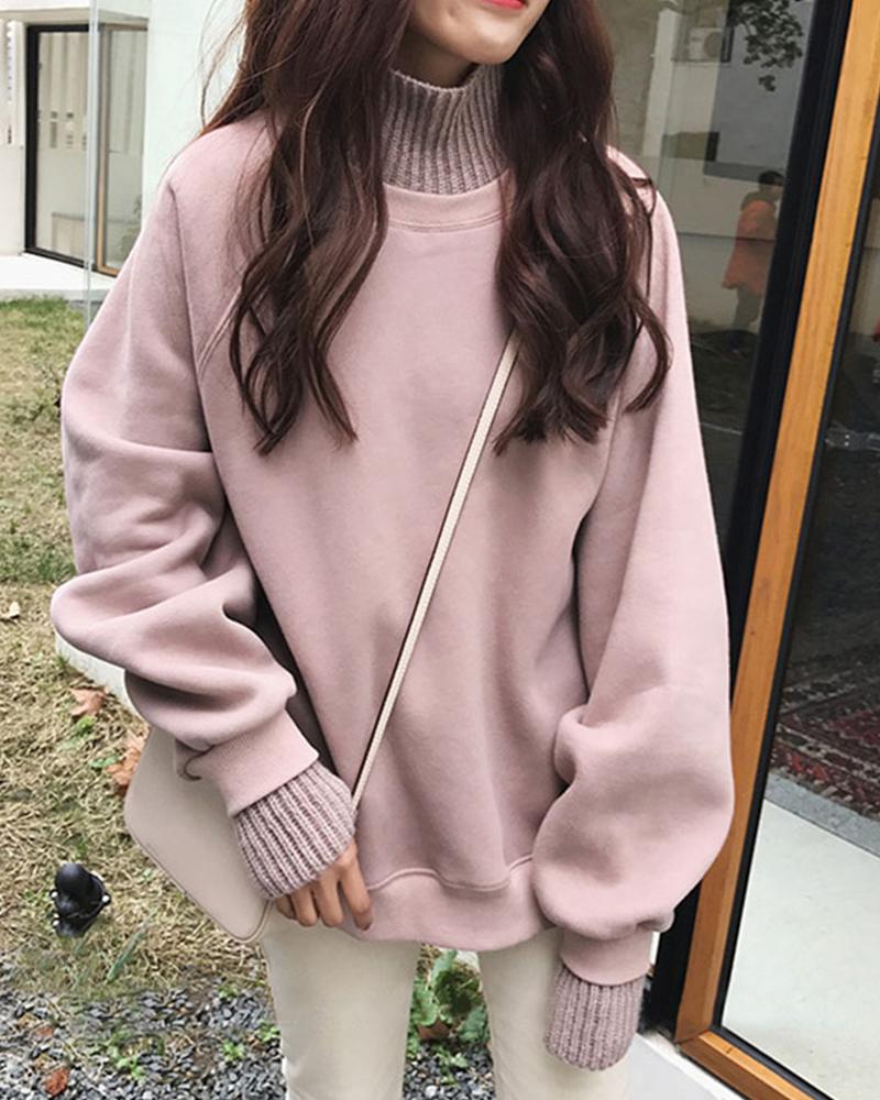 

Solid Long Sleeve Warm High Neck Sweatshirts, Pink